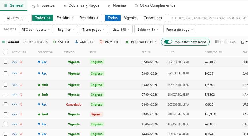Perspectiva General de la Consulta Fiscal: tabla de comprobantes con dirección, estado, tipo, fecha, UUID, serie y folio, RFC y nombre del emisor, con barra de filtros arriba y totales del periodo al pie.